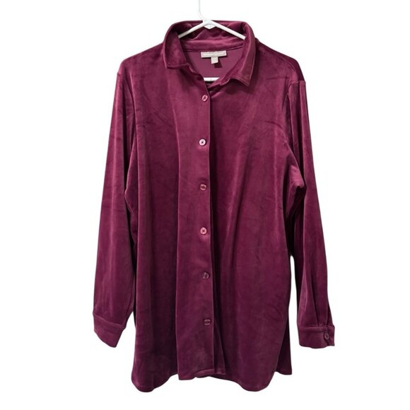 Woman Within Velour Button Up Tunic Shirt Size 18/20 Large Long Sleeve Stretch - Picture 1 of 11